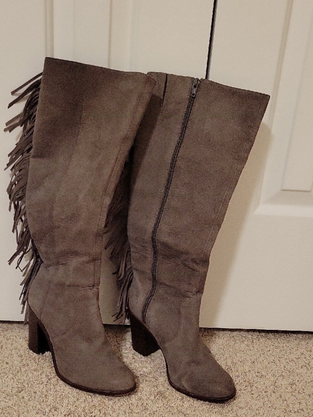 Gianni Bini Gray Fringe Knee-High Heeled Leather Boots - Picture 2 of 6